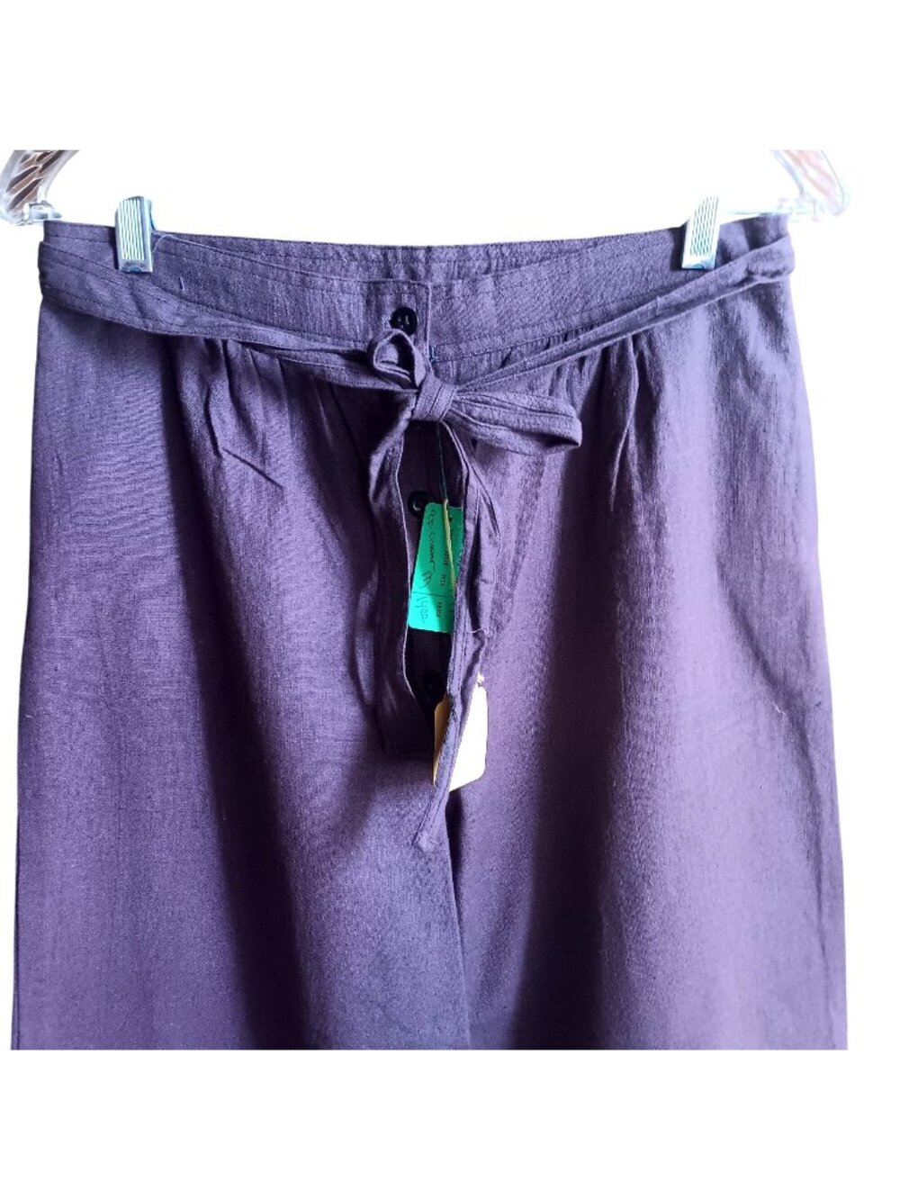 True Vintage Pants Medium 13-14 1970's Boho Wide-Leg Purple Linen Belt Tie India